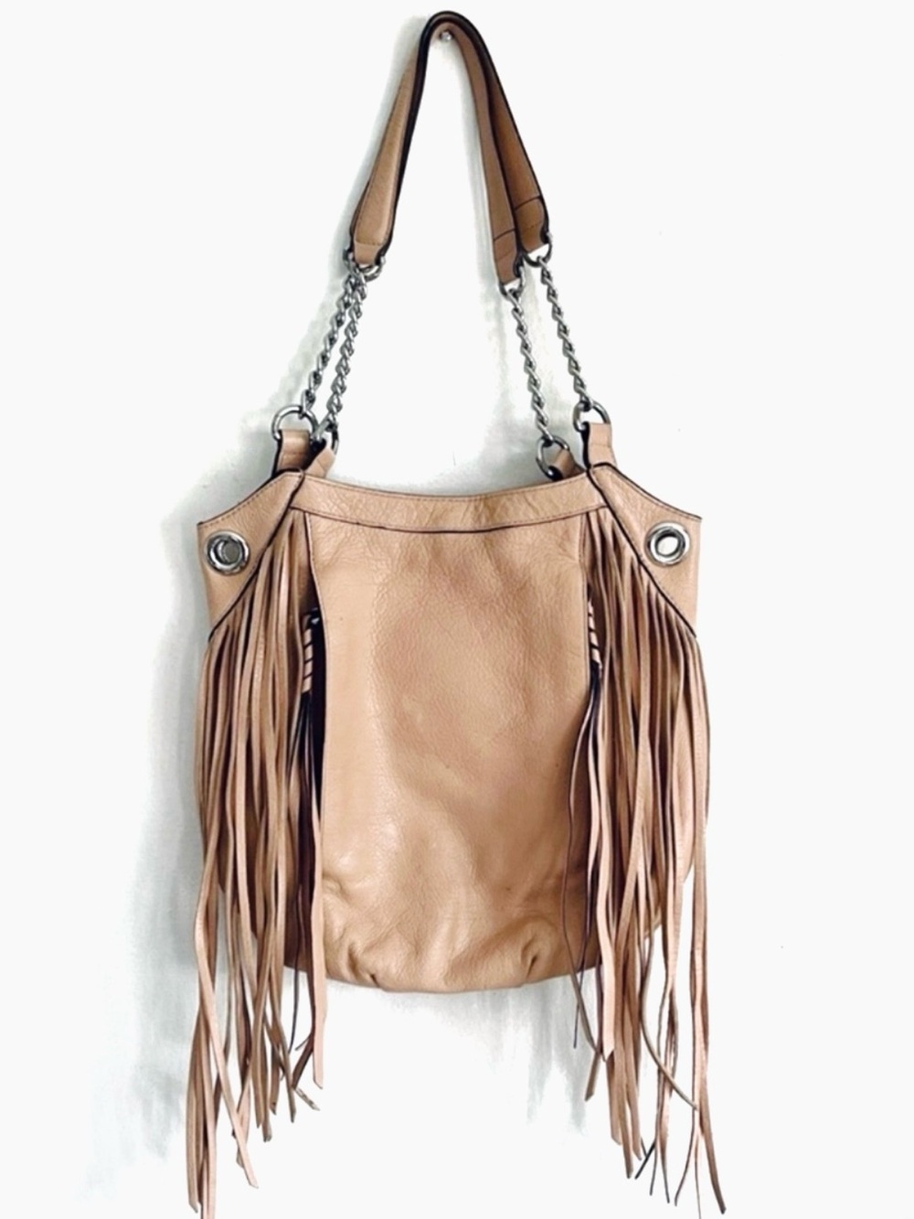 OrYANY Malia Italian Leather Fringe Shoulder Bag In Almond